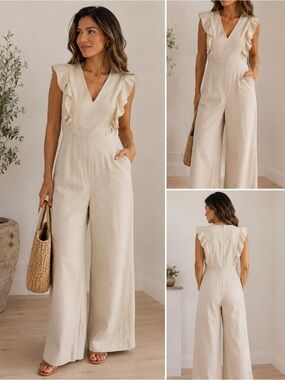 En Saison Cream Ruffle-Trim Wide-Leg Jumpsuit